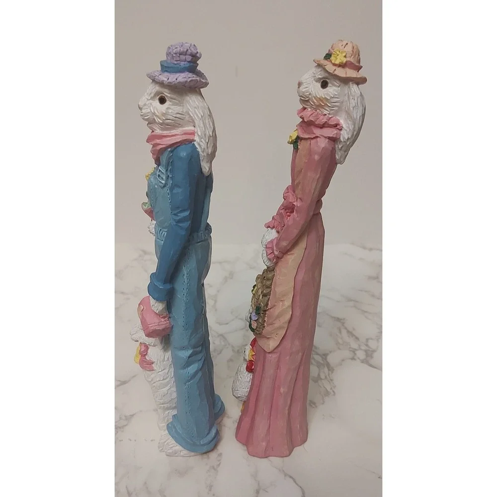 Vintage Bunny Rabbit Tall Figurines Set Of 2 Easter Chicken Tulip Sheep A1